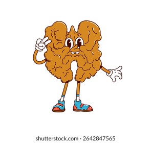 Cartoon nogueira groovy personagem com cara boba engraçada, emoji vetor cômico. Groovy noz miolo ou semente de noz com sorriso freaky e hippie fresco gesto para mangá de quadrinhos de nozes e personagem de desenho animado de alimentos