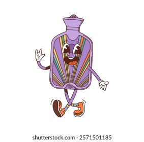 Cartoon groovy warmer or heater bag health and medicine character with expressive eyes, retro sneakers and cheerful smile, striking a playful pose to evoke feelings of warmth, comfort, and health