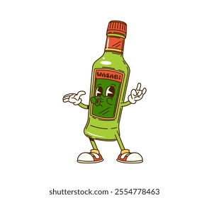 Cartoon groovy wasabi sauce bottle character with funny face, vector comic. Groovy wasabi sauce bottle funky whistling for Japanese cuisine sushi or fast food spicy hot sauce cartoon retro character