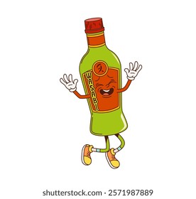 Cartoon groovy wasabi sauce character joyfully jumping full of energy and joy. Isolated vector glass bottle personage with green hot spice condiment for Japanese food, dancing with happy expression