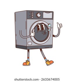 Cartoon groovy washing machine, cleaning and household interior character standing with thumbs up, expressing friendliness and playfulness. Isolated vector electric appliance retro furniture personage