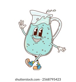 Cartoon groovy water jug or pitcher character with funny face, vector comic emoji. Groovy glass jug or pitcher with water with happy smile and funky Hi gesture for water drink retro cartoon character