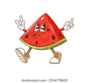 Cartoon groovy watermelon piece character happy whistling, vector emoji. Groovy watermelon piece with funny face and hippie peace sign gesture for summer fruit, travel or leisure cartoon character