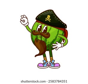 Cartoon groovy watermelon pirate and corsair fruit character wears a mustache and cocked hat adorned with a skull symbol, showcasing funky and adventurous y2k vibe. Isolated vector quirky fruit rover