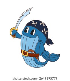 Cartoon groovy baleia pirata personagem animal. Vetor subaquático azul esperma corsário e personagem rover usar marinheiro bandana e sabre, navega pelo alto mar em busca de tesouros e aventuras aquáticas