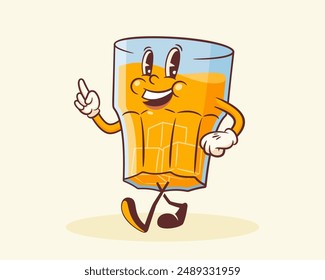 Cartoon Groovy Whisky Mascot Retro Illustration. Vintage Alcohol Drink Whiskey Glass with Ice Cubes Walking. Vector Mascot Template. Happy Vintage Cool Beverage Personage Illustration. Isolated