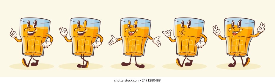 Cartoon Groovy Whisky Mascot Retro Illustrations Set. Vintage Alcohol Drink Whiskey Glass with Ice Cubes Collection Vector Mascot Template. Happy Vintage Cool Beverage Personage Illustration. Isolated