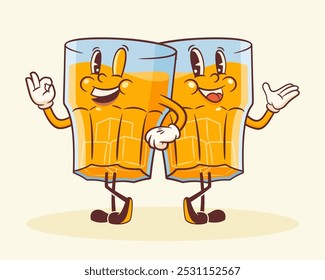 Cartoon Groovy Whisky Mascot Retro Illustration. Vintage Alcohol Drink Whiskey Glass Buddies with Ice Cubes. Vector Mascot Template. Happy Vintage Cool Beverage Personage Illustration Isolated