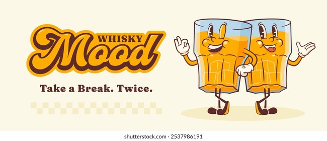 Cartoon Groovy Whisky Mascot Retro Illustration Banner. Vintage Alcohol Drink Whiskey Glass Buddies with Ice Cubes. Vector Mascot Template. Happy Vintage Cool Beverage Personage Illustration Isolated