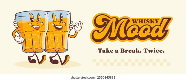 Cartoon Groovy Whisky Mascot Retro Illustration Banner. Vintage Alcohol Drink Whiskey Glass Buddies with Ice Cubes. Vector Mascot Template. Happy Vintage Cool Beverage Personage Illustration Isolated