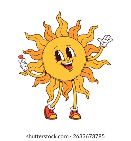 Cartoon groovy Wild west western sun character. Isolated vector sunny retro personage with big, joyful smile, vibrant rays beaming, arms outstretched, exude positive summer vibes, warmth and happiness