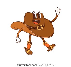 Cartoon groovy Wild west western cowboy hat character. Isolated vector brown, wide brimmed cap with smiling face, embodying the untamed spirit of the American frontier. Cowpuncher retro hat personage