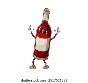 Cartoon groovy wine bottle Thanksgiving character with playful expression, showcasing a lighthearted and fun vibe. Isolated vector glass flask perform festive entertainment and holiday celebration