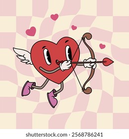 Cartoon groovy winged heart cupid character armed with a bow and arrow, ready to spread love. Valentines day mascot. Vector illustration.