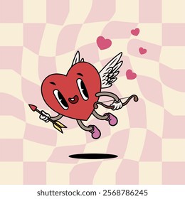 Cartoon groovy winged heart cupid character armed with a bow and arrow. Valentines day mascot. Vector illustration.