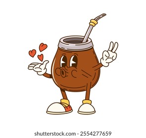 Cartoon groovy Yerba mate gourd cup or calabash character with bombilla straw, wearing sneakers, with expressive eyes and making a kissing gesture accompanied by heart symbols and giving a peace sign