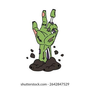 Cartoon groovy zombie hand, Halloween symbol. Isolated vector dead body or corpse palm sticking out of soil, decaying, green and lifeless arm, emerges from the ground, its fingers gnarled and skeletal