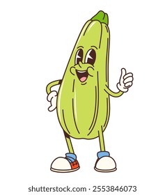 Cartoon groovy zucchini vegetable character with thumb up, vector retro emoji. Groovy zucchini squash with happy smile on funny face and thumb up good vibes for vegetable retro cartoon character