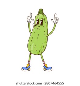 Cartoon groovy zucchini vegetable character. Isolated vector ripe funky hippie trippy playful squash, farm veggie personage, wearing sneakers, embodying fun and positivity, promotes healthy eating