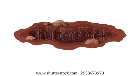 Cartoon ground hole, deep dirty pit and burrow. Construction site, soil erosion pit or earthquake natural disaster deep and muddy hole in ground, isolated vector animal burrow with stones on edges