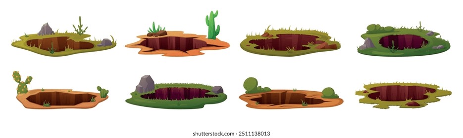 Cartoon ground holes. Animal entrance hole in earth, garden pit soil. Forest desert grounds elements with grass stones plants, nowaday vector set