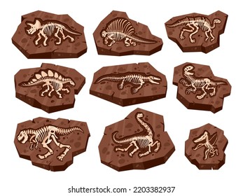 Cartoon ground layers with dino fossil, dinosaur bones. Underground archaeological fossil, ancient animals skeleton and skull flat vector illustration collection. Jurassic reptile bones set