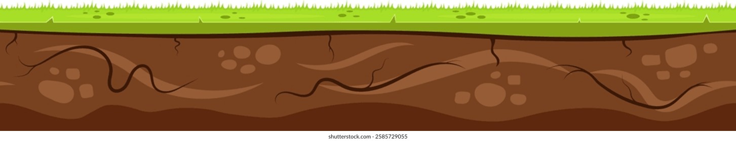 Cartoon ground layers are showing grass and soil with stones and roots, creating a detailed cross section view of the earth suitable for educational or nature themed projects