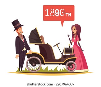 Cartoon ground transportation composition with happy people and car on combustion engine vector illustration