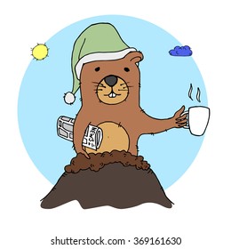 Cartoon groundhog with cup and newspaper. Sun and cloud. Vector illustration