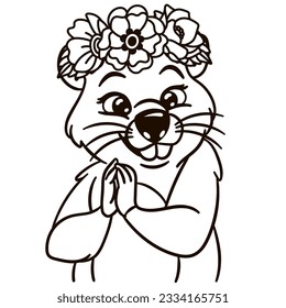 Cartoon groundhog in floral crown. Cute baby animal nursery print