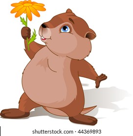 A cartoon groundhog holding a first spring flower.