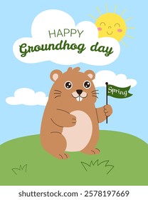 A cartoon of a groundhog holding a green flag and smiling. The image is titled "Happy Groundhog Day"