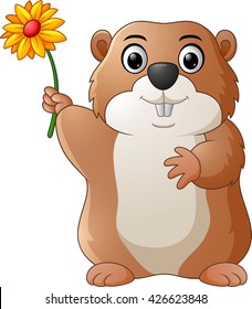 Cartoon groundhog holds flower