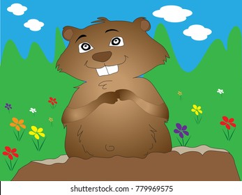Cartoon groundhog illustrated in burrow with spring background as metaphor for predicting early spring on Groundhog Day.
