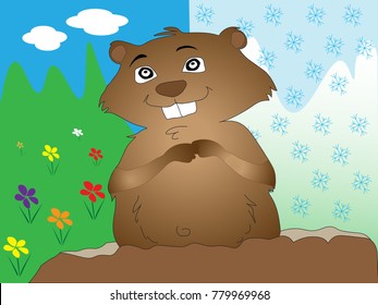 Cartoon groundhog illustrated in burrow with spring and winter backgrounds as metaphor for predicting on Groundhog Day.