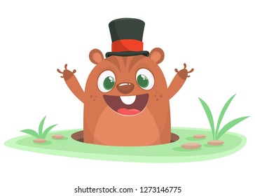 Cartoon groundhog looking out of a burrow. Happy groundhog day. Vector illustration