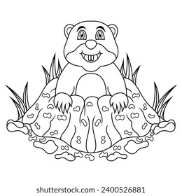Cartoon groundhog looking out of hole line art