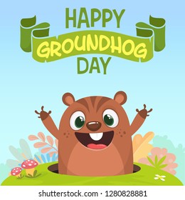 Cartoon groundhog marmot looking out of a burrow in a meadow with green grass background. Happy groundhog day. Vector illustration