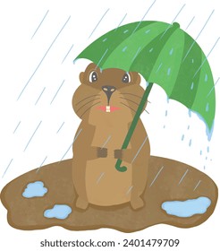 Cartoon groundhog on a rainy day