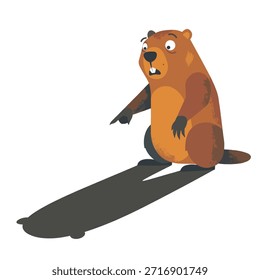 Una marmota de dibujos animados apunta a su sombra alargada, lo que sugiere una interpretación caprichosa del Día de la Marmota.