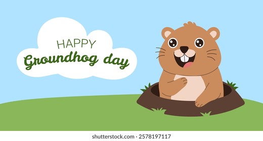 A cartoon of a groundhog with a smile on its face. The text below the image says Happy Groundhog Day