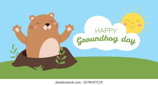 A cartoon of a groundhog with a smile on its face. The groundhog is in a hole and the sun is shining on it. The background is a green field