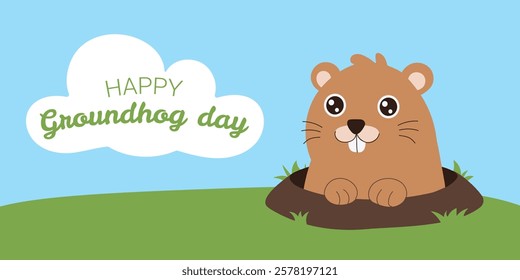 A cartoon of a groundhog with a smile on its face. The text below the image says Happy Groundhog Day