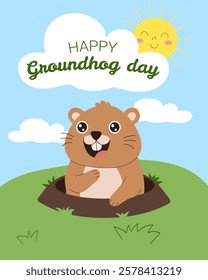 A cartoon of a groundhog with a smile on his face. The text reads Happy Groundhog Day