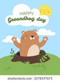 A cartoon of a groundhog with a smiling face and a sun in the background. The text reads "Happy Groundhog Day"