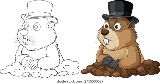 Marmota de dibujos animados con sombrero de copa en madriguera, versiones de color y contorno, estilo de Vector limpio