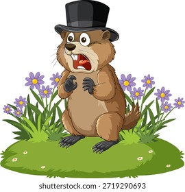 Marmota de dibujos animados con sombrero de copa, expresión sorprendida, de pie en la hierba con flores púrpuras