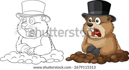 Cartoon groundhog with top hat, surprised expression, colored and outline versions, white background