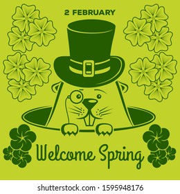 Cartoon groundhog in top hat. Welcome spring design template for greeting cards and poster.