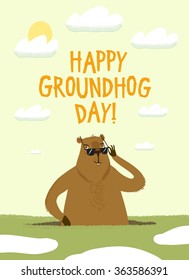 Cartoon groundhog wearing sun glasses coming out of the ground hole. Groundhog Day postcard with greeting title for your design.